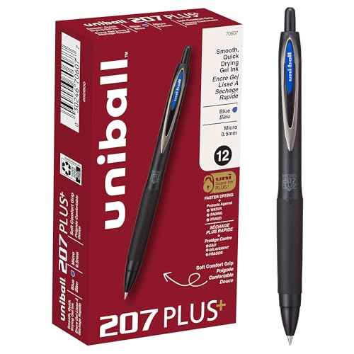 Uniball 207 Plus+ Retractable Gel Pens, Micro Point (0.5mm), Blue, 12 Pack