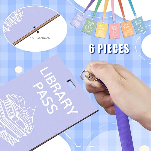 Planner 6 Sets Hall Pass Lanyards and School Passes Set - Unbreakable Wooden Hall Passes for Classrooms