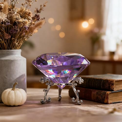 Purple Crystal Diamond Centerpiece 3.15 Inch Large Rainbow Prism with Silver Base for Wedding Home Decor