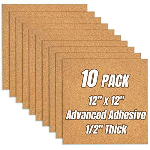 Cork Board Tiles 12"x12" - 1/2" Thick 10 Pack Cork Board Square Bulletin Boards Self Adhesive Corkboards for Walls Pin Boards Corkboards for Office Home School Decor