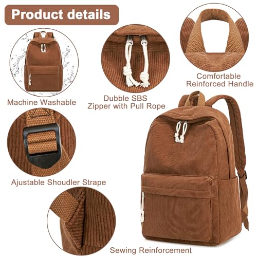 BTOOP Coffee Corduroy School Backpack for Teens & Women, 15.6-Inch Laptop, Large Capacity