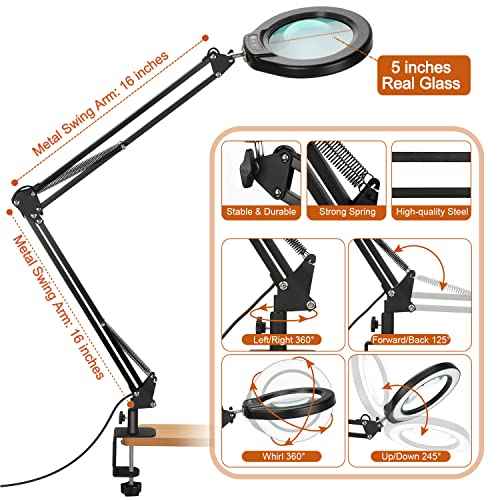 VEEMAGNI 5 Inch Large Magnifying Glass with Light and Stand, 5 Color Modes Stepless Dimmable, 2*16 Inch Swivel Arm LED Clamp Desk Lamp, Hands Free 8X Lighted Magnifier for Close Work Crafts Soldering