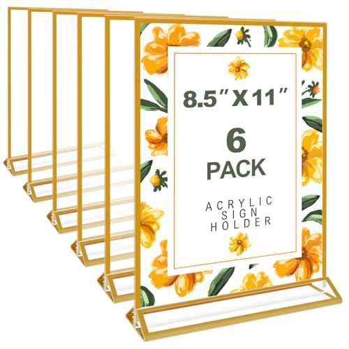 6 Pack Acrylic Sign Holder 8.5 x 11 Inch Gold, Double Sided Clear Display Stand for Wedding Table Numbers, Menu Holder, Picture Frame, Plastic Gold Sign Holder for Office, Restaurant, Party