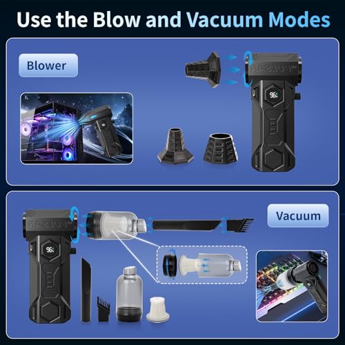 Compressed Air Duster, 180000RPM Electric Air Duster with Vacuum, Rechargeable Cordless Air Blower Cleaning Kit with Brushless Motor for Computer Keyboard Home Car Outdoor Dust Removal