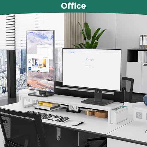 Dual Monitor Stand Riser, 41.5'' Extra Long Wood Monitor Stand Desktop Organizer with Side Pocket, Ergonomic Monitor Riser Supports 2 Monitors,TV,Laptop,Printer for Home Office, White