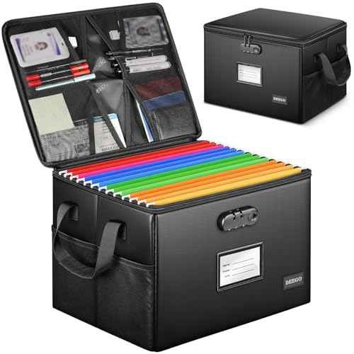 DEEGO Fireproof Document Box, Water-Resistant File Organizer Box with Lock for Document Safe, Collapsible File Organizer with Handle, Filing Cabinets for Home Office for Hanging Letter/Legal Folder