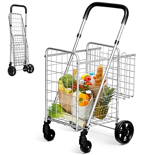 Byroce Utility Folding Shopping Cart, Lightweight Trolley with Handle, Large Grocery Utility Cart with Swiveling Wheels and Dual Storage Baskets, Ideal for Laundry Book Luggage Travel (Silver)
