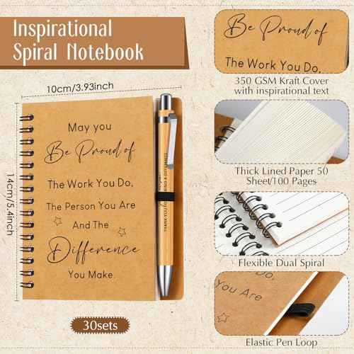 Yeaqee 30 Sets Employee Appreciation Gift Thank You Gifts 30 Pcs Inspirational Spiral Kraft Notebook and 30 Pcs Motivational Bamboo Pen Retractable Wooden Pen for Colleague Employee Nurse Teacher
