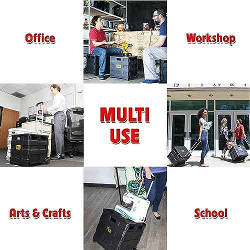 dbest products Quik Cart Sport Collapsible Rolling Crate on Wheels for Teachers Tote Basket 80 lbs Capacity, Made from Heavy Duty Plastic Used as a Seat, Black, Compact