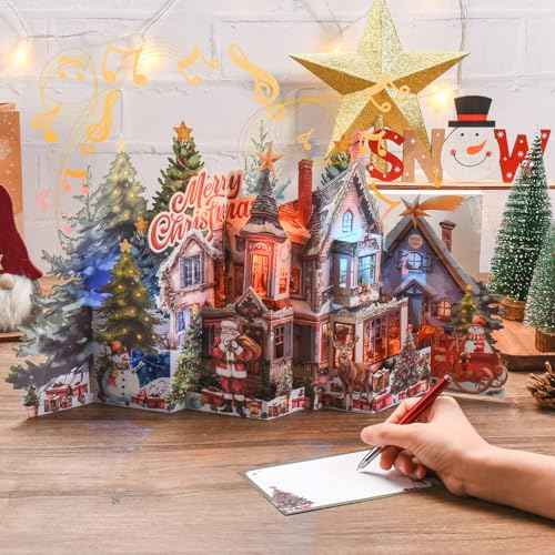 Pop Up Christmas Card, 3D Animated House Design, Jumbo Paper Xmas Giant Greeting Card with Music & Lights, Musical Christmas Gifts Card for Friends Family-Accordion Fold Xmas Villa