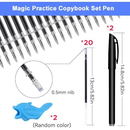 AALGO 24pcs Magic Pens & Refills for Children's Magic Copybooks, Grooved Kids Book Disappearing Ink Pen with Writing Training Aid Pencil Grip,Tracing Books Material for Kindergarten Kids