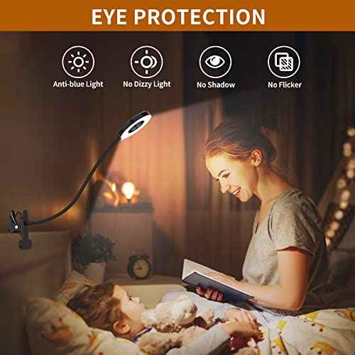 iZELL Desk Lamp, LED Reading Light with Clamp, 3 Color Modes & 10 Brightness Flexible Gooseneck Book Light for Kids Reading Book in Bed at Night Clip on Table, Computer, Zoom Meetings - 27.6¡®¡¯ Black