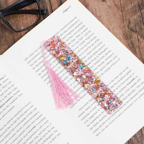 2 Pcs Bookmarks for Girls, Glitter Resin Bookmarks Transparent Kids Art Bookmark with Colorful Silk Tassels for Women Girls Book Lovers Reading Presents