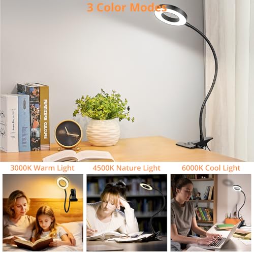 Woputne Black Clip-On Desk Lamp for Reading & Study, 3 Light Modes & Dimmable