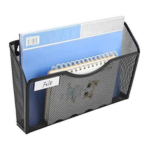 EasyPAG Wall File Organizer with Label Panel 6 Single Pocket Mesh Hanging File Folder Organizer for Letter/A4 Size Folders Wall Mounted Vertical Mail Holder for Paperwork, Office, Home, School, Black