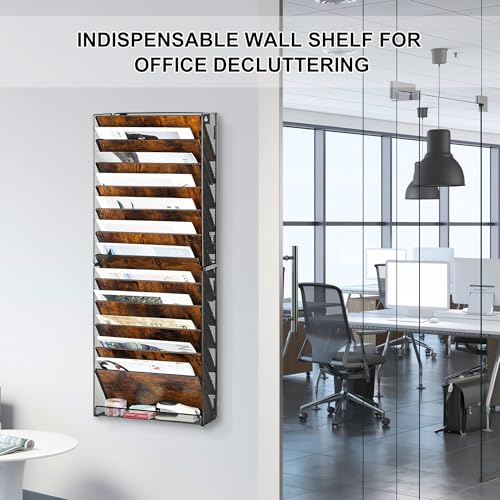 12-Tier Wall File Organizer, Wood Mail Organizer Wall Mounted Paper Document Magazine Holder, Hanging Clipboard Storage Basket with Tray for Office Home School Organization, Black/Antique