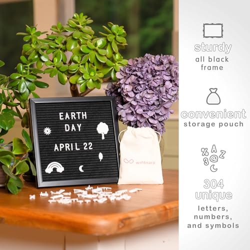 Winsharp All Black Felt Letter Board 10x10 inch with Wooden Frame and Stand