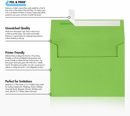 LUXPaper A7 Invitation Envelopes - Peel & Press | 5.25" x 7.25" | Limelight Green | 80lb Text | 50 Pack