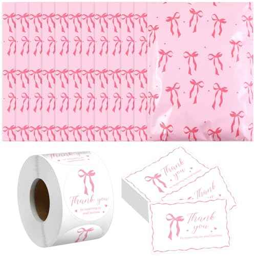 200 Pack 10x13 Pink Bow Poly Mailers Set Waterproof Self Adhesive Cute Shipping Bags with Thank Cards and Stickers Set for Small Business Large Mailing Envelopes Bulk Tear Resistant