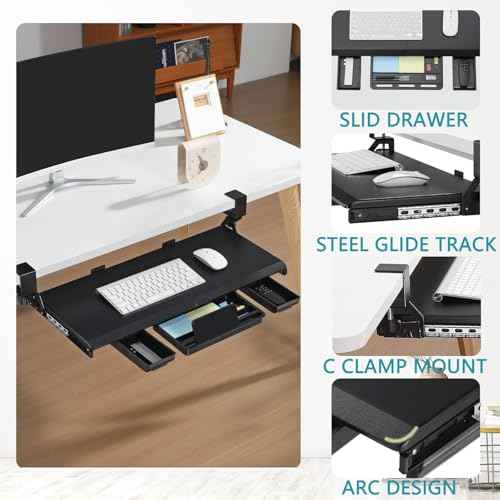 ETHU Keyboard Tray Under Desk, Pull Out Keyboard & Mouse Tray with C-clamp, Ergonomic Desk Keyboard Tray Slide Out, Pull Out Platform Drawer for Home and Office£¨Black£©