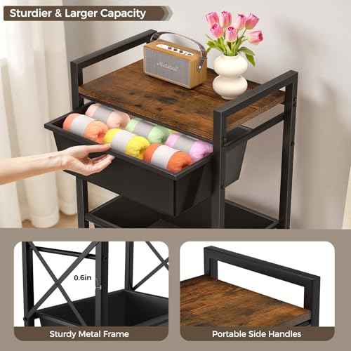 3 Tier Rolling Utility Cart with Drawer, Plastic Drawer Storage Snack Craft Book Cart with Lockable Wheels & Wood Tabletop, Metal Shelf Storage Organizer Cart for Kitchen, Bedroom, Office, Black