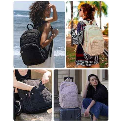 BAGSMART College Laptop Backpack, Travel Laptop Backpack for Women, Quilted Casual Daypack, Water-Resistant Bookbag for 15.6 Inch Laptop, Beige