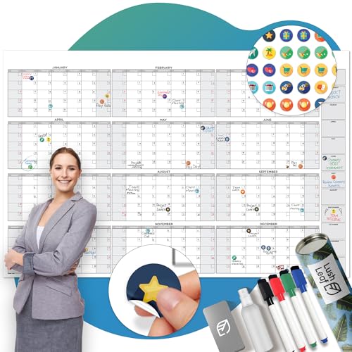 Large Dry Erase Calendar for Wall, 38" x 58" - Undated, Yearly, Reusable - Full 12 Month Year - Includes Markers, Eraser & Accessories
