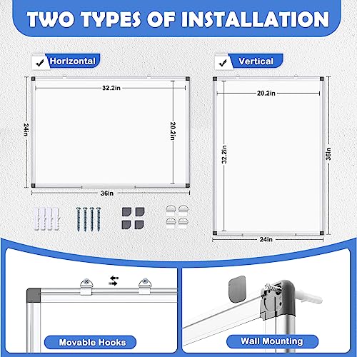 WALGLASS Magnetic White Board, 36" x 24" Double-Sides Dry Erase White Board for Wall, Hanging or Mounted Whiteboard, Horizontal or Vertical, Silver Aluminium Frame, Home, School, Office, Kitchen