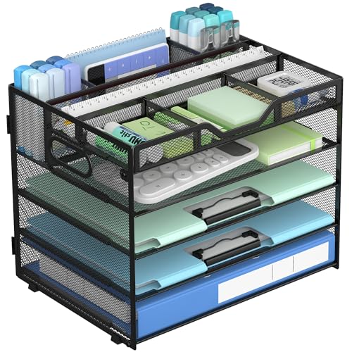 Docnest 5 Tier Mesh Desk Organizer- Letter Tray with Adjustable Compartments, Mesh Desktop Storage Built in Pen Holder and Handles, Desk Organizer Tray for Mail Documents Office Supplies-Black
