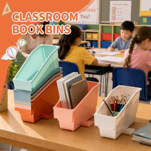 Geetery 12 Pack Non-Tip Book Bins with Stabilizer Wings, Labels, Earth Tone