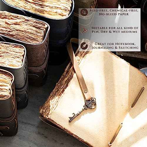 LEATHER VILLAGE Vintage Leather Journal ? 200 Handmade Vintage Deckle Edge Paper ? Leather bound Journal For Women Men ? Vintage Key Closure - Book of Shadows - Cappuccino Brown - 10X7 inches