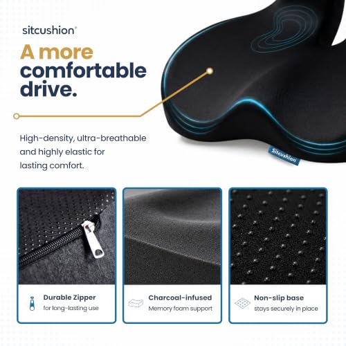 SitCushion Black Car Seat Cushion for Driving – Tailbone & Sciatica Pain Relief, Memory Foam