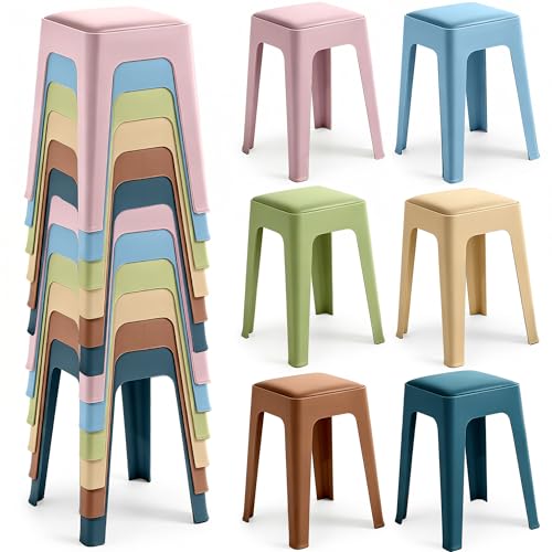 12-Piece Colorful Plastic Classroom Stools with Leather Cushioned Seats, 18 Inch Portable Backless Chairs for School, Office, Home