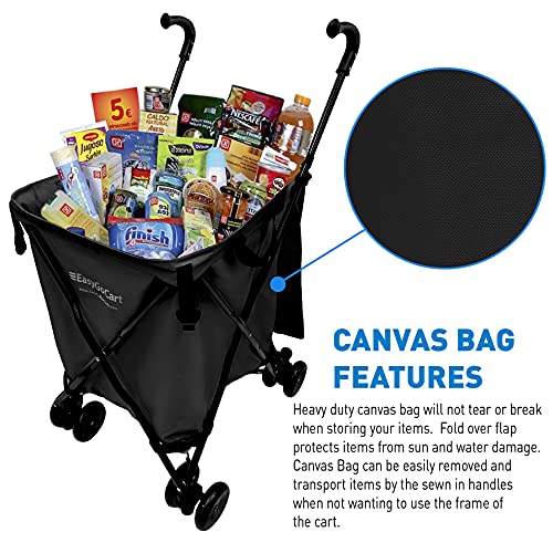 EasyGo Grocery Shopping Cart Laundry Basket Rolling Utility Cart with Wheels ? Removable Canvas Bag, Versa Wheels & Rear Brakes - Easy Folding 120lb Capacity ? Copyrighted, Black