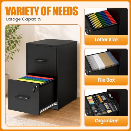 Yukimo 2-Drawer File Cabinet with Lock — Metal Vertical Filing Cabinet for Home Office, Hanging Legal/Letter/A4, Assembly Black