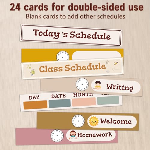 White 15+1 Pockets Daily Schedule Pocket Chart with 24 Double-Sided Cards - Boho Classroom Organizer for Teachers