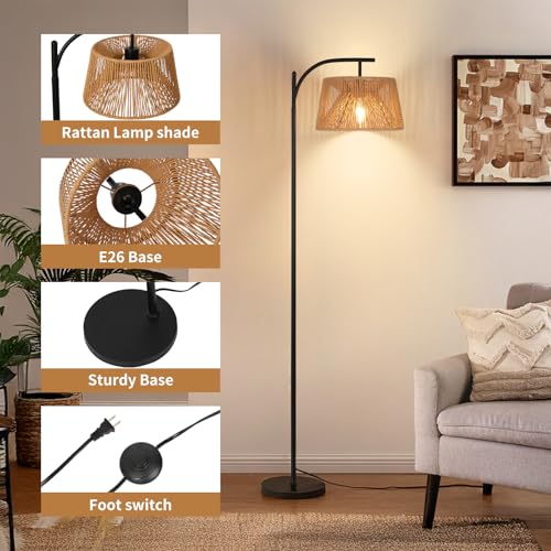 Boho Floor Lamps for Living Room,Rattan Tall Floor lamp with one 2700K Light Bulb,Bohemian Standing Lamps with Foot Switch,Rustic Coastal Floor lamp for Bedroom,Dining Room,Farmhouse,Corner