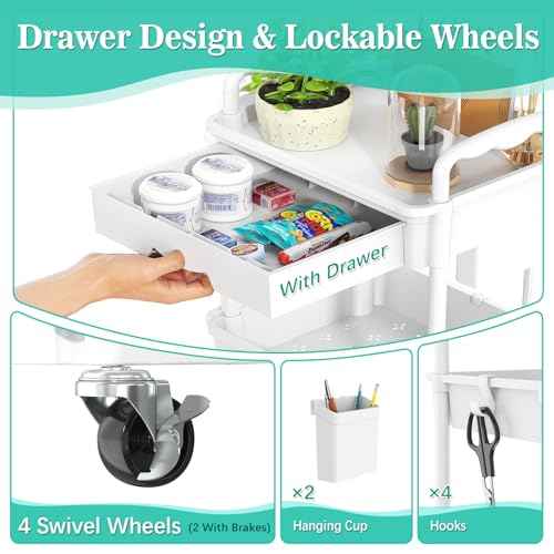 3 Tier Rolling Cart with Drawer, Bathroom Storage Organizer with 2 Lockable Wheels, Multifunctional Rolling Storage Cart for Bathroom, Kitchen, Office, Craft, Makeup, Baby Essentials, White
