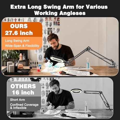 Rectangle Magnifying Glass with Light and Clamp, 15X 10X Desk Magnifying Lamp with Dust Cover, 5 Color Modes Dimmable, 84 LED Real Lens Lighted Magnifier Hands Free, Table Lamp for Repair Crafts Hobby