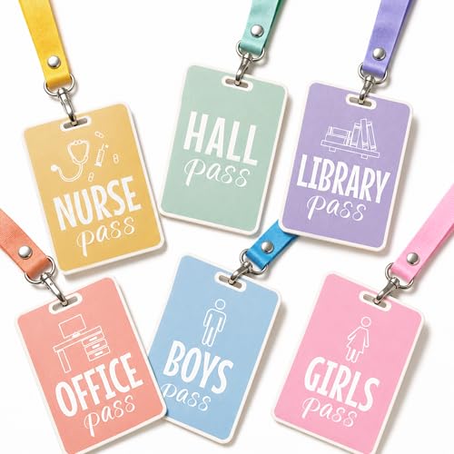 Pastel Classroom Hall Passes - 6 Durable Wooden Student Bathroom Pass Lanyard Set