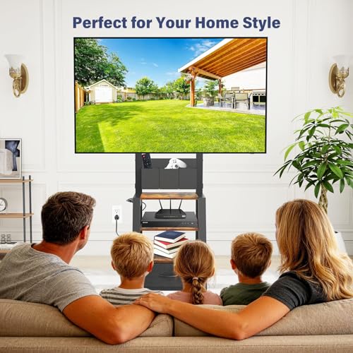 Hellsehen Retro Rolling TV Stand with Power Outlet & 4-Tier Storage, 23-60 Inch TV Cart (160lbs) - VESA 400x400, 360° Wheels
