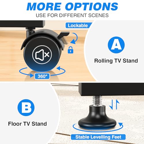 Rfiver Rolling TV Stand with Power Outlet for 13-50 Inch TVs, Tilting and Rotating Mobile TV Cart up to 55 lbs, Portrait to Landscap, Height Adjustable TV Floor Stand with Shelf, Max VESA 200x200mm