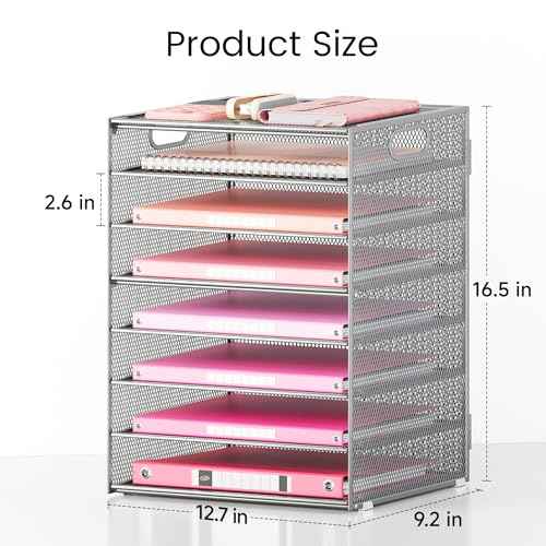 Lavatino 2 Pack 8-Tier Office Desk File Organizer, Letter Tray Paper Organizer with Handle, Including 5 Adjustable Slide Trays for Organizing Desk Workspace Accessories and Supplies (Silver Mesh)