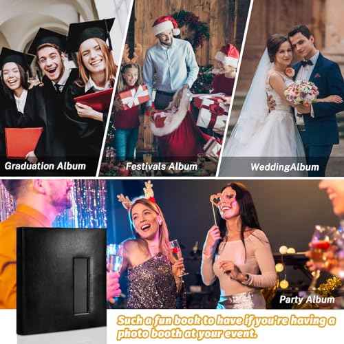 Wedding Guest Book with Photo Booth Insert - 160 2x6 Photo Sleeves & Guest Signing Space, PU Leather Memory Album for Weddings, Parties, Family Memories (Black)