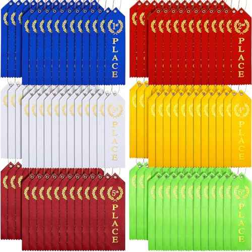 Kenning 180 Pcs Swimming Gymnastics Track Award Ribbon Award Ribbons 1st to 6th Place Flat Carded Set First Place Prizes with Card and Rope Award Ribbon Organizer Contest Award Ribbons, 6 Color