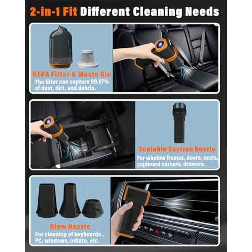 Compressed Air Duster, 130K RPM Powerful Cordless Mini Blower with Display, 10-Gear Adjustable Car Vacuum with Fast Charging, Rechargeable Handheld Vacuum for Home, Outdoor and Car (Black, 2-in-1)