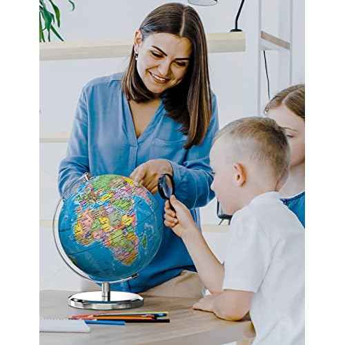 Illuminated World Globe with Stand, 9" Earth Globes with Stable Heavy Metal Base for Kids Classroom Learning, LED Constellation Globe Night Light with HD Printed Map