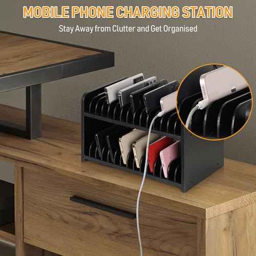 Cell Phone Storage Classroom Cell Phone Holder Adjustable Wooden Multiple Rack Caddy Organizer Box for Classroom Office Desktop with 1-30 Number Stickers (30-Grid) (Black)