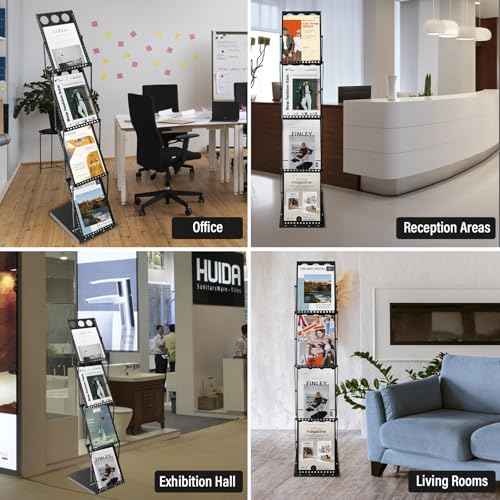LIWSHWZ Foldable Literature Brochure Display Stand,4 Pocket Magazine Rack Floor with Carrying Bag for Trade Show Exhibitions Office,Trade Shows, Offices (Black)