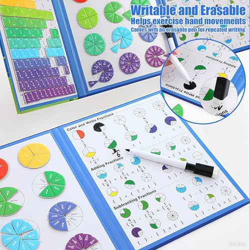 STEM Magnetic Fraction Demonstration Book for Kids with 152 Pcs Math Fraction Magnets Tiles and Disc Set Educational Math Learning Manipulatives Set